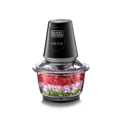 A BLACK+DECKER electric food chopper with a black top and a transparent glass bowl, filled with chopped vegetables including green peppers, onions, and red peppers.