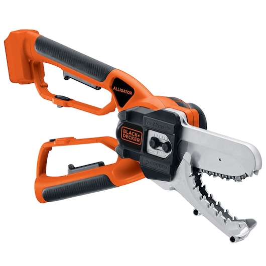 A BLACK+DECKER Alligator lopper cordless chainsaw with an orange and black handle and a silver jaw-shaped cutting blade, designed for cutting branches and wood.