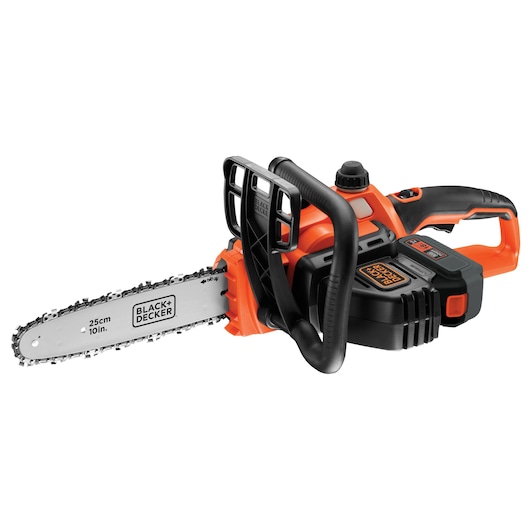 A BLACK+DECKER cordless chainsaw with an orange and black design, featuring a 25 cm (10 inch) bar and chain. The chainsaw has a protective hand guard, ergonomic handle, and visible battery compartment.