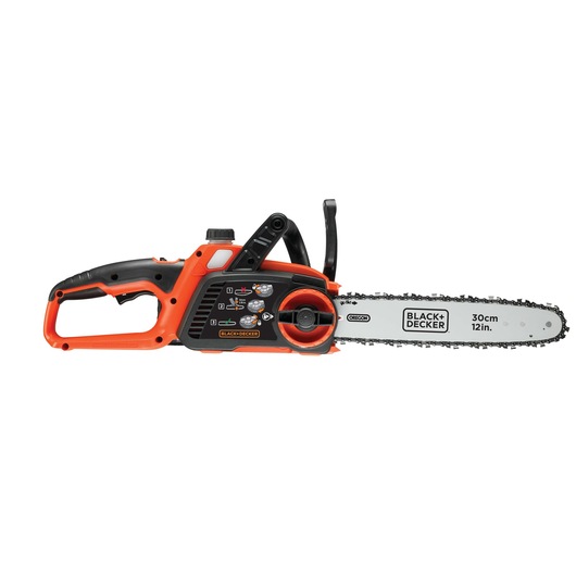 A BLACK+DECKER cordless chainsaw with a 30cm (12 inch) blade, featuring an orange and black design. The chainsaw is shown from the side with visible controls and safety markings.