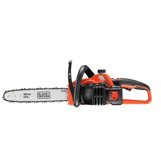 A BLACK+DECKER cordless chainsaw with a 30 cm (12 in.) blade, featuring a bright orange and black design with handle and safety guard.