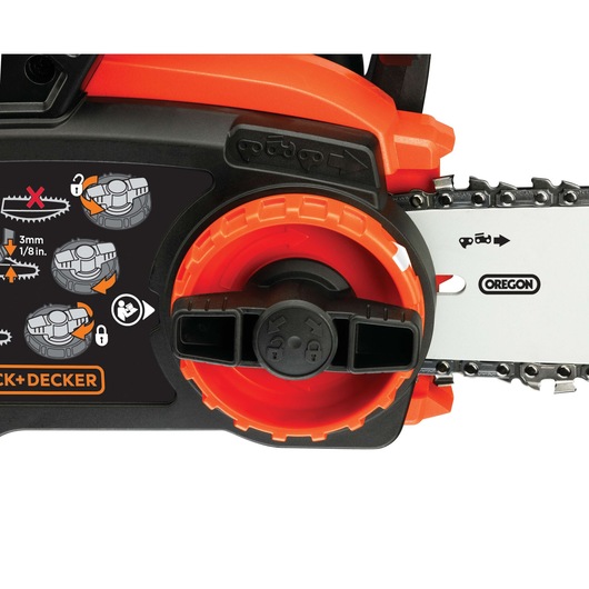 Close-up view of a BLACK+DECKER chainsaw, showing the chain tension adjustment dial and illustrated instructions for adjusting the chain. The chain and part of the guide bar with 'OREGON' branding are visible.