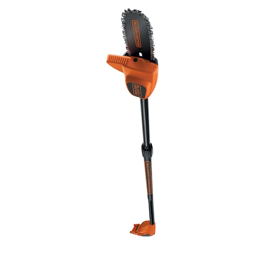 A BLACK+DECKER cordless pole saw with an orange and black design, suitable for cutting and trimming branches at height.