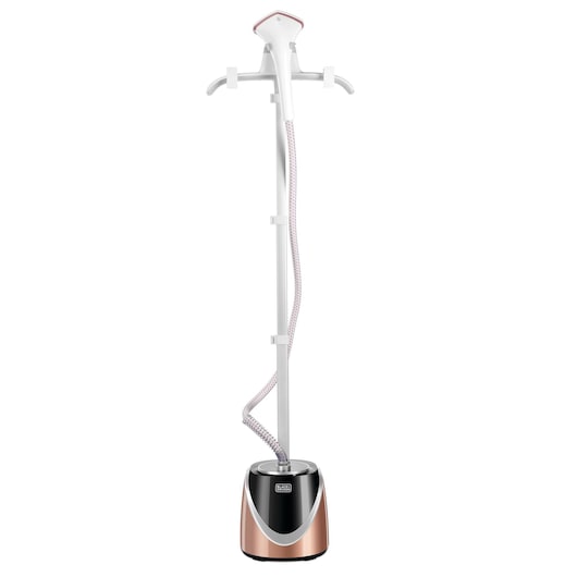 A BLACK+DECKER upright garment steamer with a rose gold base, vertical pole, hanger, and flexible steam hose.
