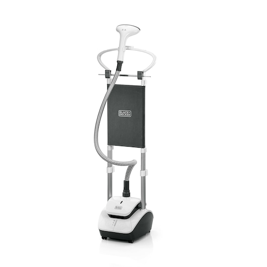 A BLACK+DECKER upright garment steamer with a flexible hose, a vertical support panel, and a white and black base, designed for steaming clothes.