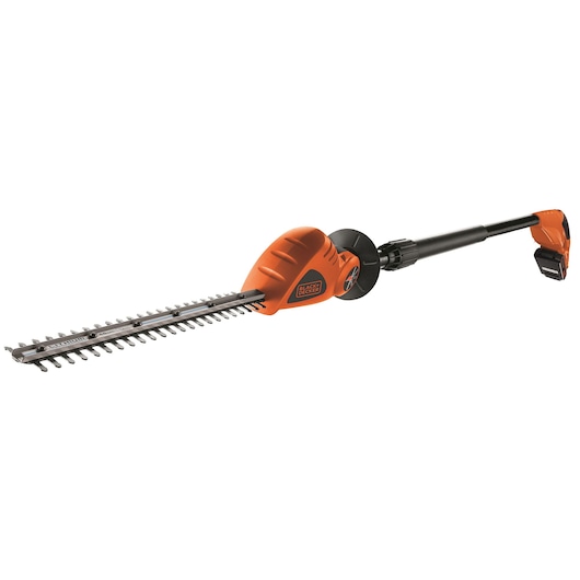 A BLACK+DECKER cordless pole hedge trimmer with an orange and black body, featuring an extended pole for reaching high hedges and a cutting blade attachment.