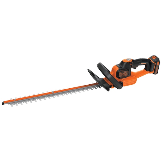 A BLACK+DECKER cordless hedge trimmer with an orange and black design, featuring a long blade and ergonomic handle.