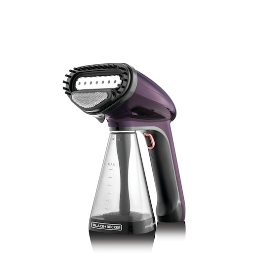 A BLACK+DECKER handheld garment steamer with a transparent water tank and purple body, designed for removing wrinkles from clothes.