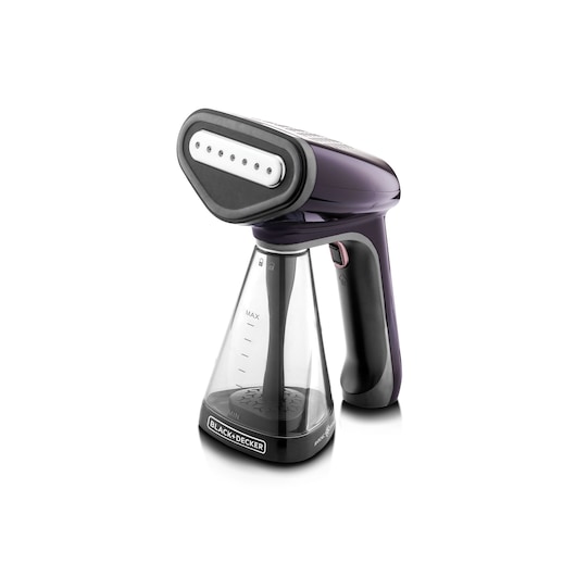 A BLACK+DECKER handheld garment steamer with a transparent water tank and an ergonomic handle, shown against a white background.