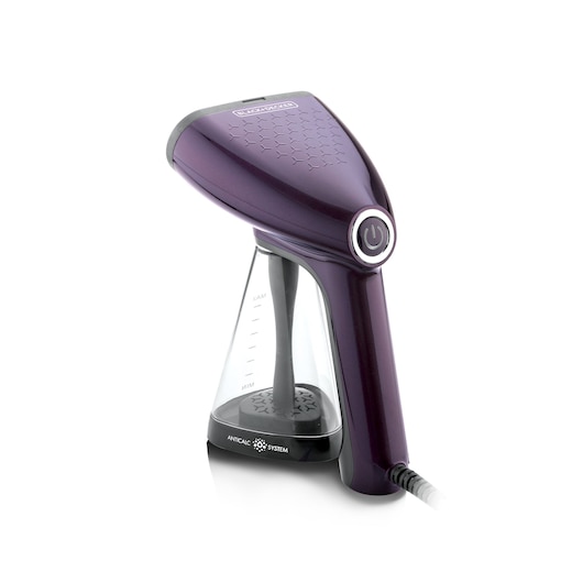 A BLACK+DECKER handheld garment steamer with a transparent water tank and an anti-calc system, shown against a white background.