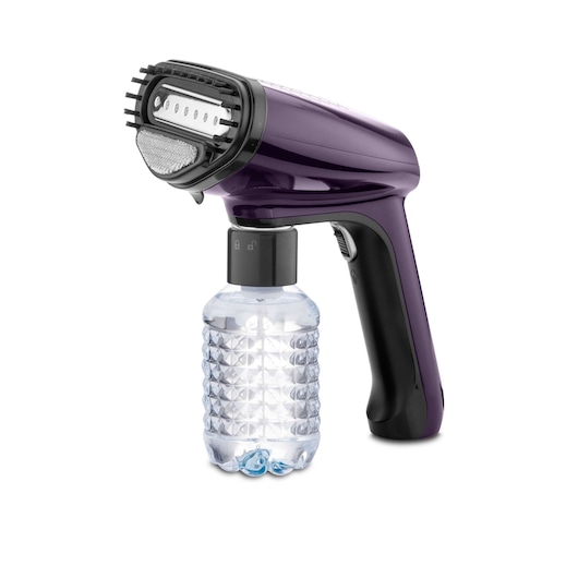 A BLACK+DECKER handheld garment steamer (model HST1500) in a purple color, featuring a textured water bottle attached at the bottom and a steam nozzle head.