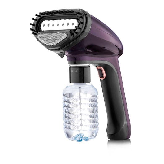A handheld garment steamer with a purple and black handle, detachable water bottle, and brush attachment, photographed against a white background.