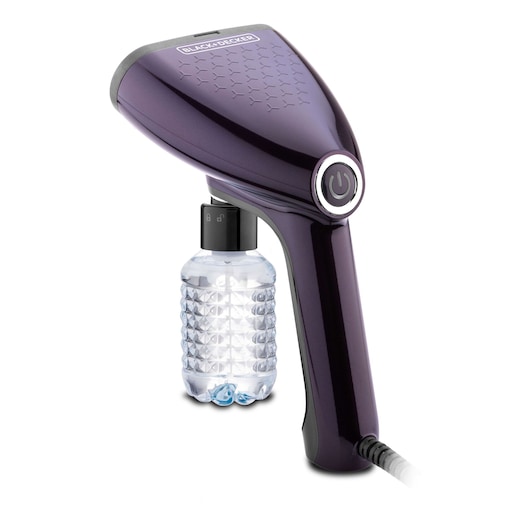 A BLACK+DECKER handheld garment steamer with a purple body and a textured water reservoir, photographed on a white background.