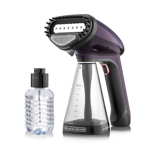BLACK+DECKER HST1500 handheld garment steamer in purple and black with clear water tank and accessory bottle, front angle.