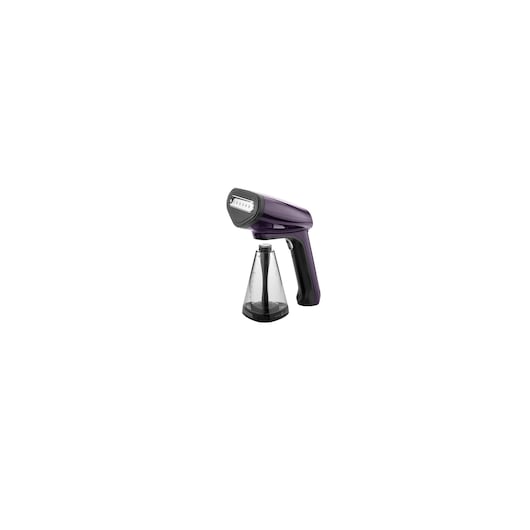 BLACKDECKER HST1500 handheld garment steamer in black and purple, front angle on white background.