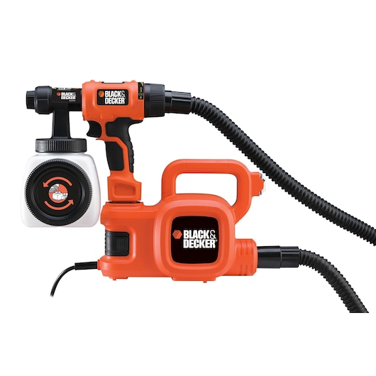A BLACK+DECKER HVLP400 electric paint sprayer with a bright orange body, black hose, and a detachable paint container.