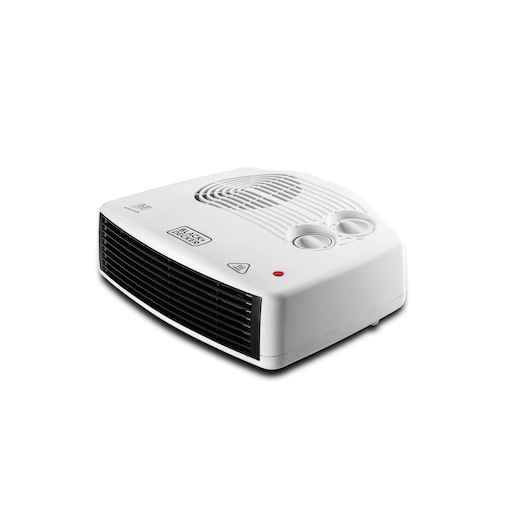 A BLACK+DECKER branded white electric fan heater with two control dials on the top and a front air vent.