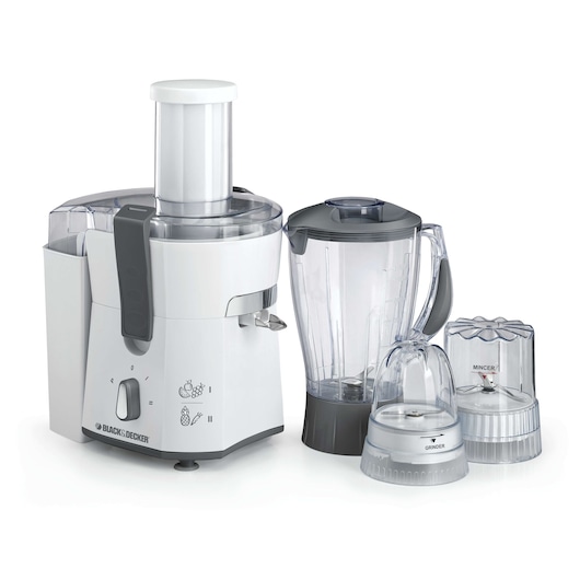 A BLACK+DECKER multifunctional kitchen appliance set consisting of a juicer, blender, grinder, and mincer, all shown in white and grey with transparent containers.
