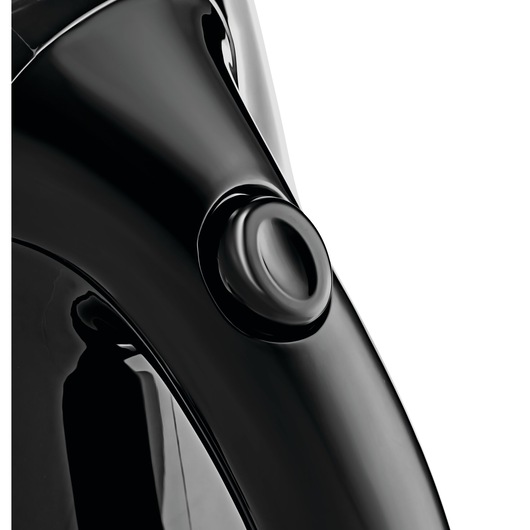 BLACK+DECKER JC69 electric kettle black body detail with close-up on button, studio angle.