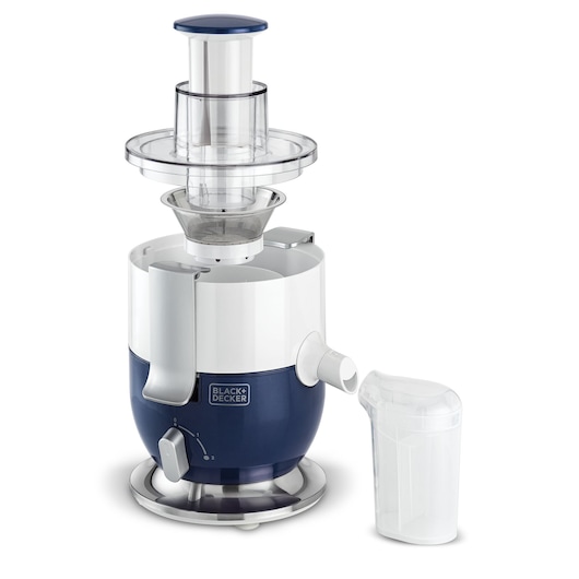 A BLACK+DECKER electric juicer model JE350 with a blue and white body, transparent feeding tube and container, and a juice collection pitcher positioned beside the spout.