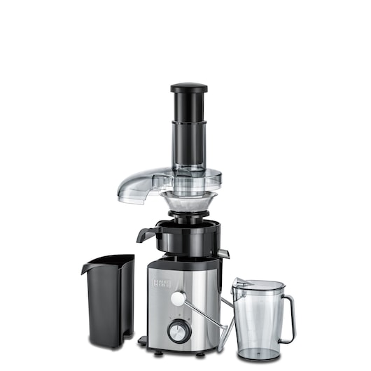 A BLACK+DECKER electric juicer with a stainless steel body, shown with two detachable containers, one for pulp and one for juice. The juicer has a transparent feeding tube and spout.