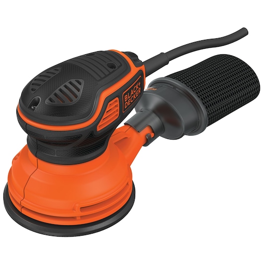A BLACK+DECKER electric random orbital sander in orange and black color, shown with its dust collection bag attached.