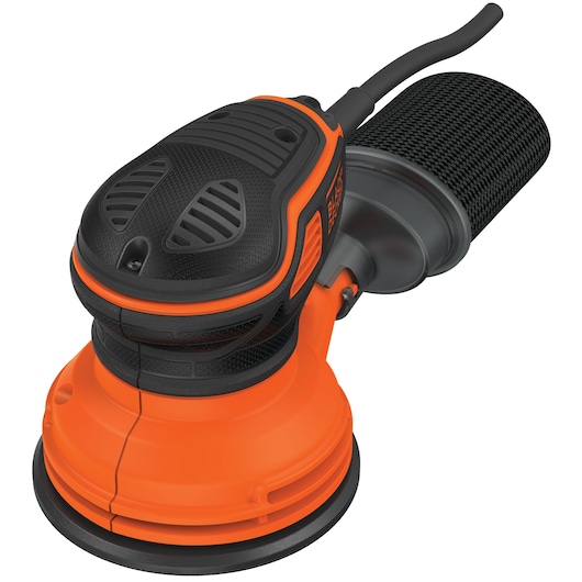 Close-up image of a BLACK+DECKER KA199 random orbital sander, featuring an orange and black design with a dust collection attachment.