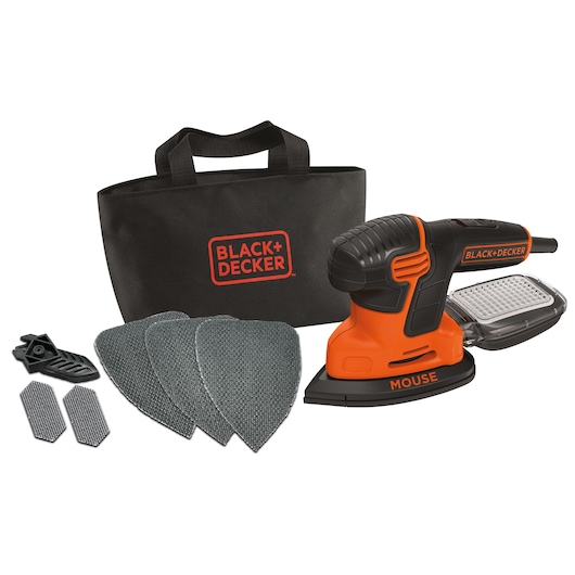 A BLACK+DECKER Mouse sander set including an orange and black electric sander, multiple sanding pads, accessories, and a black storage bag with the BLACK+DECKER logo.