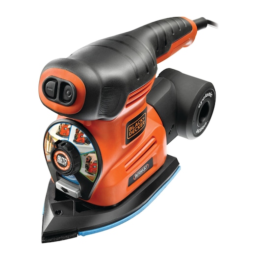A BLACK+DECKER KA280K multipurpose electric sander with an orange and black body, ergonomic handle, Auto Select dial, and cyclonic dust collection system. The device is photographed against a white background.