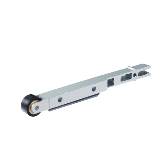 A close-up image of a metallic tool part with a small black wheel at one end. The part appears to be a component for a power tool, shown against a white background.