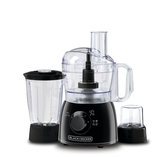 A BLACK+DECKER food processor set with a central black base unit, a transparent mixing bowl with lid and handle, a clear blender jug with a black lid on the left, and a small transparent grinder attachment on the right.