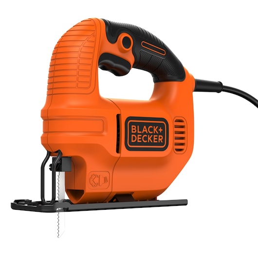 An orange and black BLACK+DECKER jigsaw power tool with a cord, featuring a handle with a textured grip and a visible saw blade.