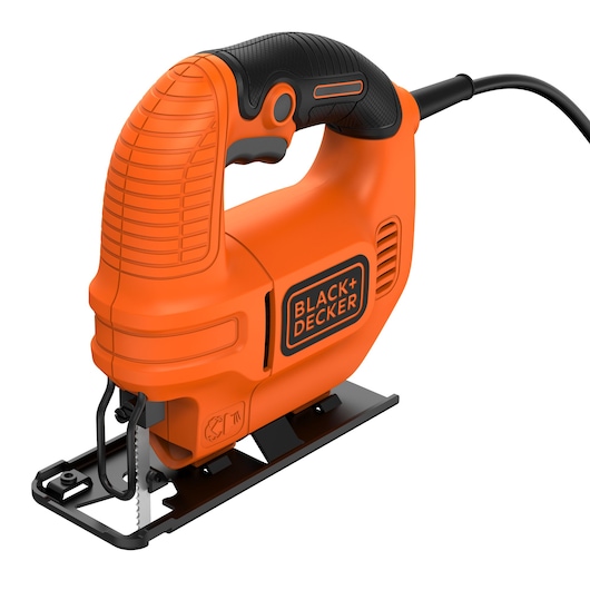 A BLACK+DECKER KS501 electric jigsaw with an orange and black handle, shown from the side, featuring a metal base and a visible blade.