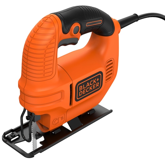 A BLACK+DECKER KS501 orange and black electric jigsaw with a cord, designed for cutting wood and other materials.