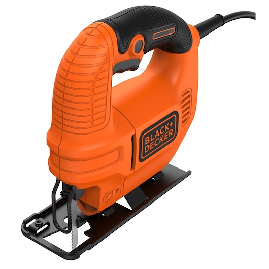 A close-up image of a BLACK+DECKER KS501 jigsaw, featuring an orange and black design with a visible blade and ergonomic handle.