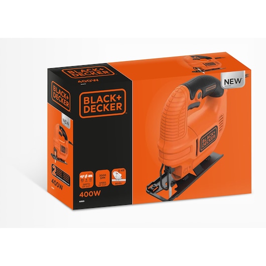 Photo of BLACKDECKER jigsaw KS501 packaging, orange and black box with product features, front angle.