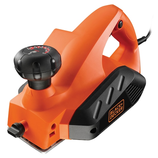 An orange and black BLACK+DECKER electric planer, designed for woodworking, featuring a handle, adjustment knob, and cord for power.