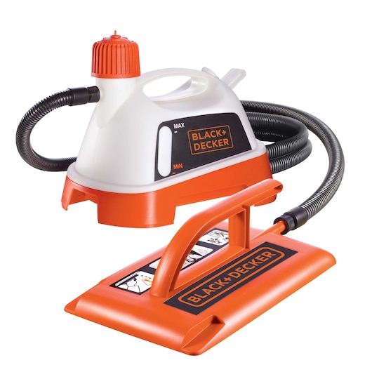 BLACK+DECKER steam cleaner with a white and orange body, attached hose, and a flat orange cleaning head, designed for home cleaning tasks.