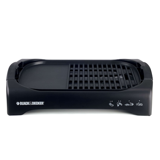 A BLACK+DECKER electric tabletop grill with a non-stick dual surface: one side flat and one side with grill grates. The grill is black with white branding and cooking icons on the front panel.