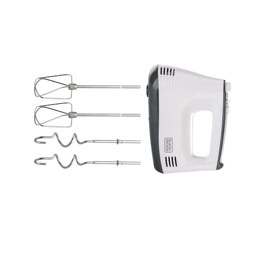 A BLACK+DECKER hand mixer model M350, shown with two wire beaters and two dough hooks placed separately.