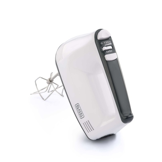 BLACK+DECKER hand mixer with a white and black design, featuring control buttons and metal beaters on a white background.