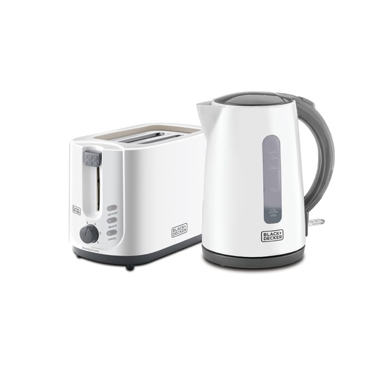 A WHITE BLACK+DECKER toaster and electric kettle set. Both appliances have a modern design with grey accents. The toaster features multiple function buttons and browning control, and the kettle has a visible water level gauge.