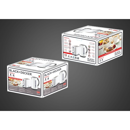 Photo of BLACK+DECKER MBF70 breakfast set packaging with toaster and kettle, angled to show front and side views.