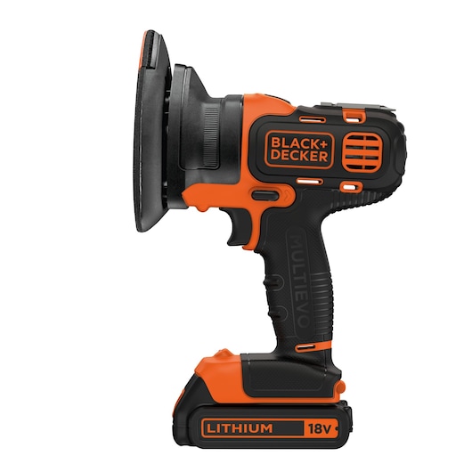 A BLACK+DECKER 18V lithium cordless power tool with a sanding attachment, shown in orange and black colors. The tool is branded with 'MULTIEVO' and 'BLACK+DECKER' labels.