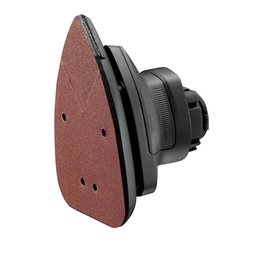 A close-up image of a BLACK+DECKER MTSA2 multi-tool sander attachment with a triangular sanding pad, designed for precision sanding tasks.
