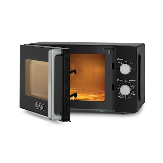 BLACK+DECKER MZ2010 microwave oven with door open, glass turntable, and control knobs, front angle on white.