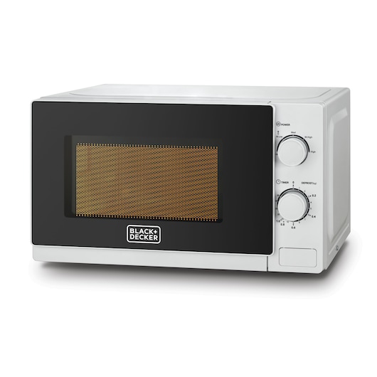 A BLACK+DECKER white microwave oven with a black front panel and two control knobs on the right side.