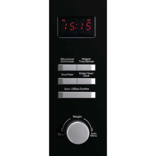 BLACKDECKER MZ2800PG microwave control panel with digital display, silver buttons, and rotary dial, front view.
