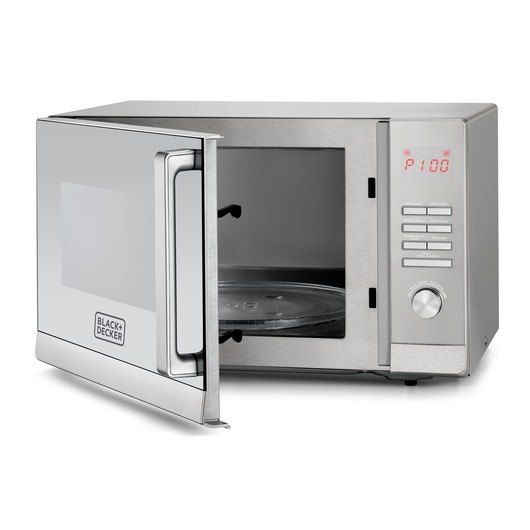 A BLACK+DECKER stainless steel microwave oven with the door open, showing the interior and turntable, digital display, buttons, and control knob on the front panel.