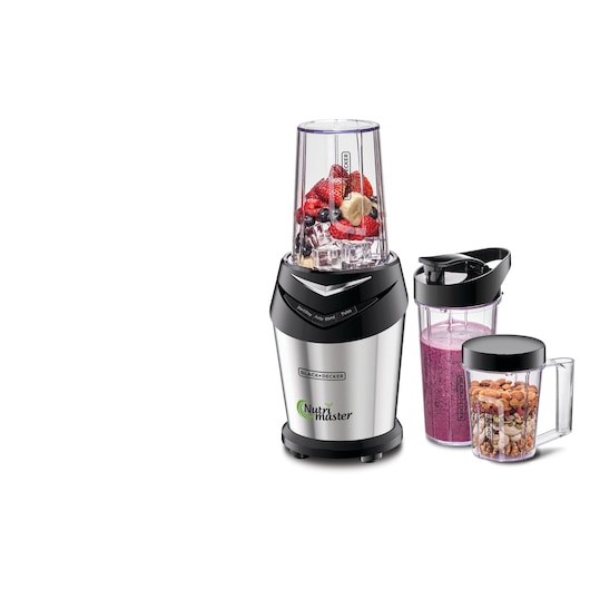 A BLACK+DECKER Nutri Master blender with a filled blending cup containing fruit, ice, and nuts, a second cup with a blended smoothie and a lid, and a third cup containing nuts. All components are displayed against a white background.